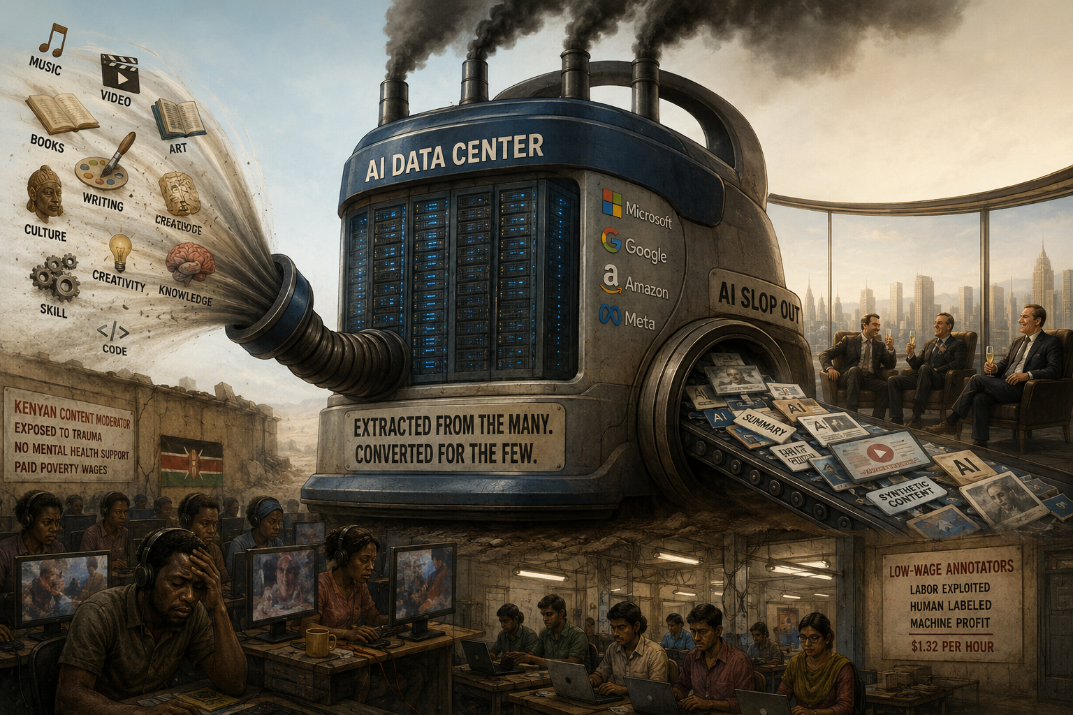 Human knowledge in, AI slop out: an illustration of books, art, music, and culture being funneled into a data center smokestack