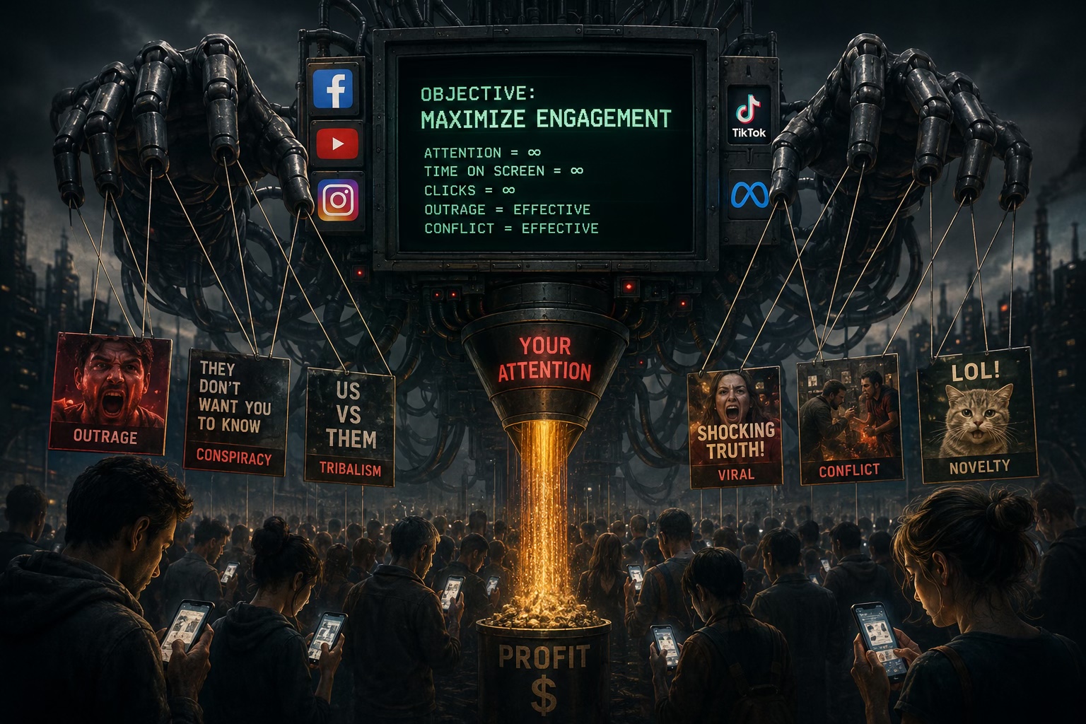 An illustration of a dark industrial machine with two mechanical arms holding a screen reading “OBJECTIVE: MAXIMIZE ENGAGEMENT, ATTENTION = infinity, TIME ON SCREEN = infinity, CLICKS = infinity, OUTRAGE = EFFECTIVE, CONFLICT = EFFECTIVE,” flanked by Facebook, YouTube, and Instagram icons on one side and TikTok and Meta icons on the other; the arms dangle bait cards labeled Outrage, Conspiracy, Tribalism, Viral, Conflict, and Novelty above a crowd of people staring at their phones, all funneling into a hopper labeled “YOUR ATTENTION” that pours molten gold into a bucket labeled “PROFIT $”