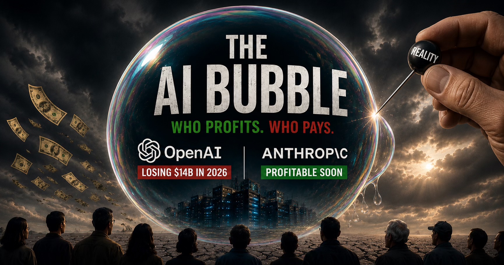 A hand holds a pin labeled “Reality” toward a giant soap bubble reading “THE AI BUBBLE: WHO PROFITS. WHO PAYS.” with the OpenAI logo beside “Losing $14B in 2026” and the Anthropic logo beside “Profitable soon,” a lit data-center skyline reflected inside the bubble, cash bills blowing away in the wind, and a silhouetted crowd watching from cracked, drought-like ground below