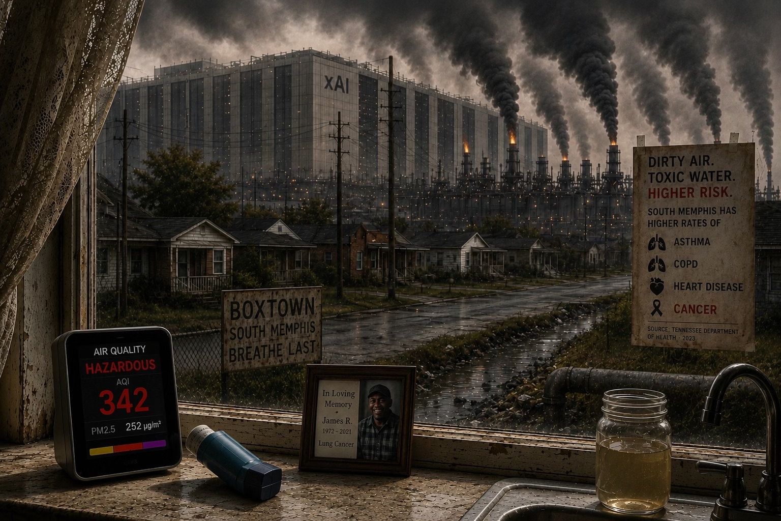 A kitchen windowsill in Boxtown, South Memphis, looking out at xAI&rsquo;s Colossus data center belching black smoke from rows of gas turbine smokestacks behind a &ldquo;Boxtown, South Memphis: Breathe Last&rdquo; sign and a row of small houses; on the sill, an air quality monitor reads &ldquo;HAZARDOUS, AQI 342,&rdquo; beside an inhaler, a framed memorial photo reading &ldquo;In Loving Memory, James R., 1972-2021, Lung Cancer,&rdquo; a jar of discolored tap water, and a posted notice reading &ldquo;Dirty Air. Toxic Water. Higher Risk. South Memphis Has Higher Rates Of Asthma, COPD, Heart Disease, Cancer, Source: Tennessee Department of Health, 2023&rdquo;