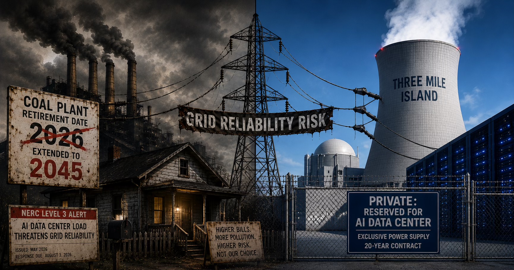 A split illustration: on the left, a smoke-belching coal plant looms over a weathered house, beside a sign reading “COAL PLANT RETIREMENT DATE 2026” crossed out and “EXTENDED TO 2045,” and a second sign reading “NERC LEVEL 3 ALERT: AI DATA CENTER LOAD THREATENS GRID RELIABILITY, ISSUED MAY 2026, RESPONSE DUE AUGUST 3, 2026,” plus a hand-lettered sign reading “HIGHER BILLS. MORE POLLUTION. HIGHER RISK. NOT OUR CHOICE.”; on the right, Three Mile Island’s cooling tower and a bank of illuminated server racks sit behind a chain-link fence with a sign reading “PRIVATE: RESERVED FOR AI DATA CENTER, EXCLUSIVE POWER SUPPLY, 20-YEAR CONTRACT,” the two halves connected by a power-line tower strung with a banner reading “GRID RELIABILITY RISK”