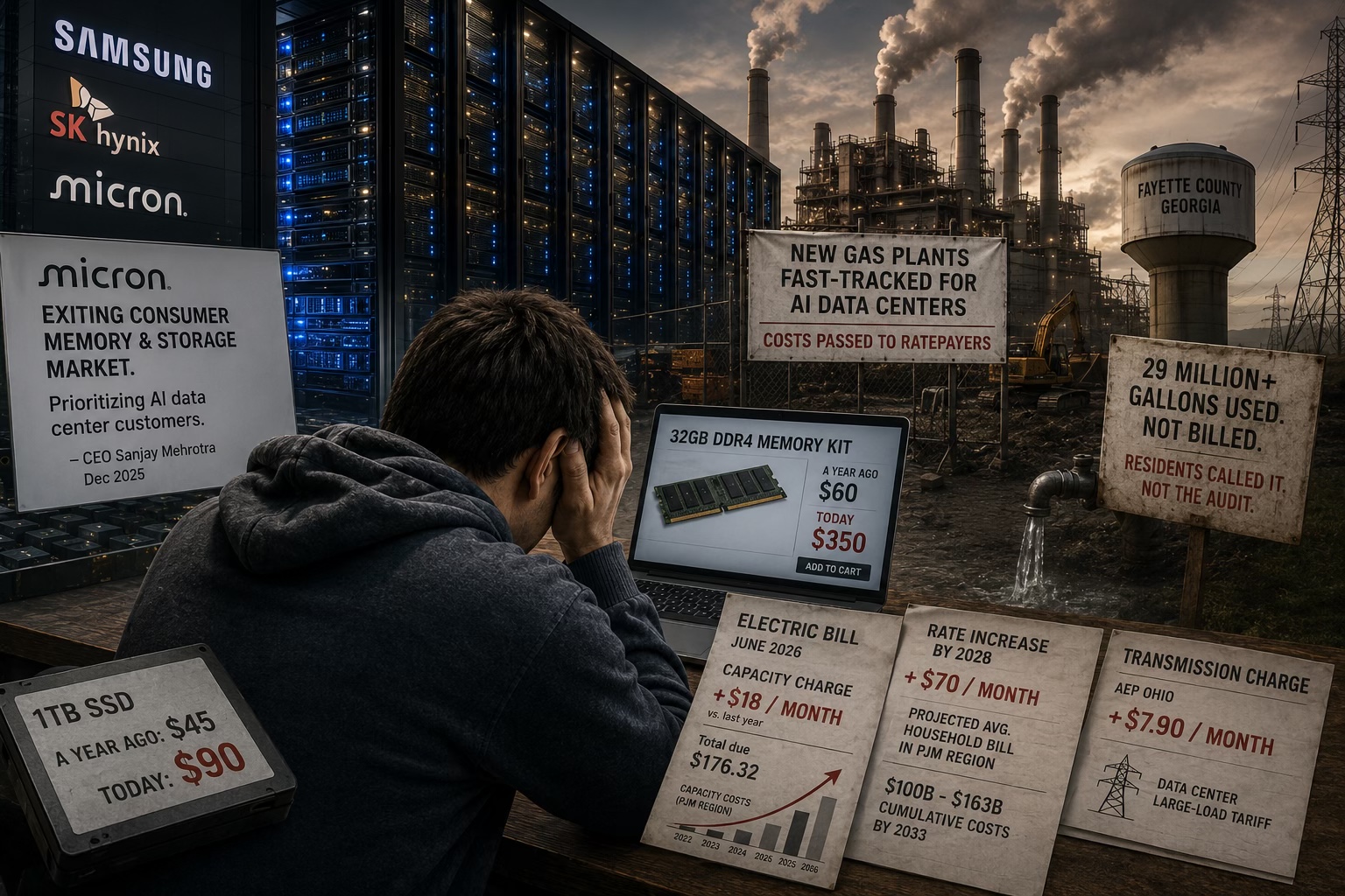 A man sits at a laptop with his head in his hands, surrounded by signs displaying the article’s key figures: a Micron quote on exiting the consumer memory market, a DDR4 memory kit rising from $60 to $350 and a 1TB SSD from $45 to $90, an electric bill showing an $18 monthly capacity charge increase, a sign reading “rate increase by 2028: plus $70 a month,” an AEP Ohio transmission charge of $7.90 a month, a “new gas plants fast-tracked for AI data centers, costs passed to ratepayers” sign, a Fayette County, Georgia water tower, and a sign reading “29 million-plus gallons used, not billed, residents called it, not the audit,” all set against a backdrop of server racks and a smoke-belching power plant.