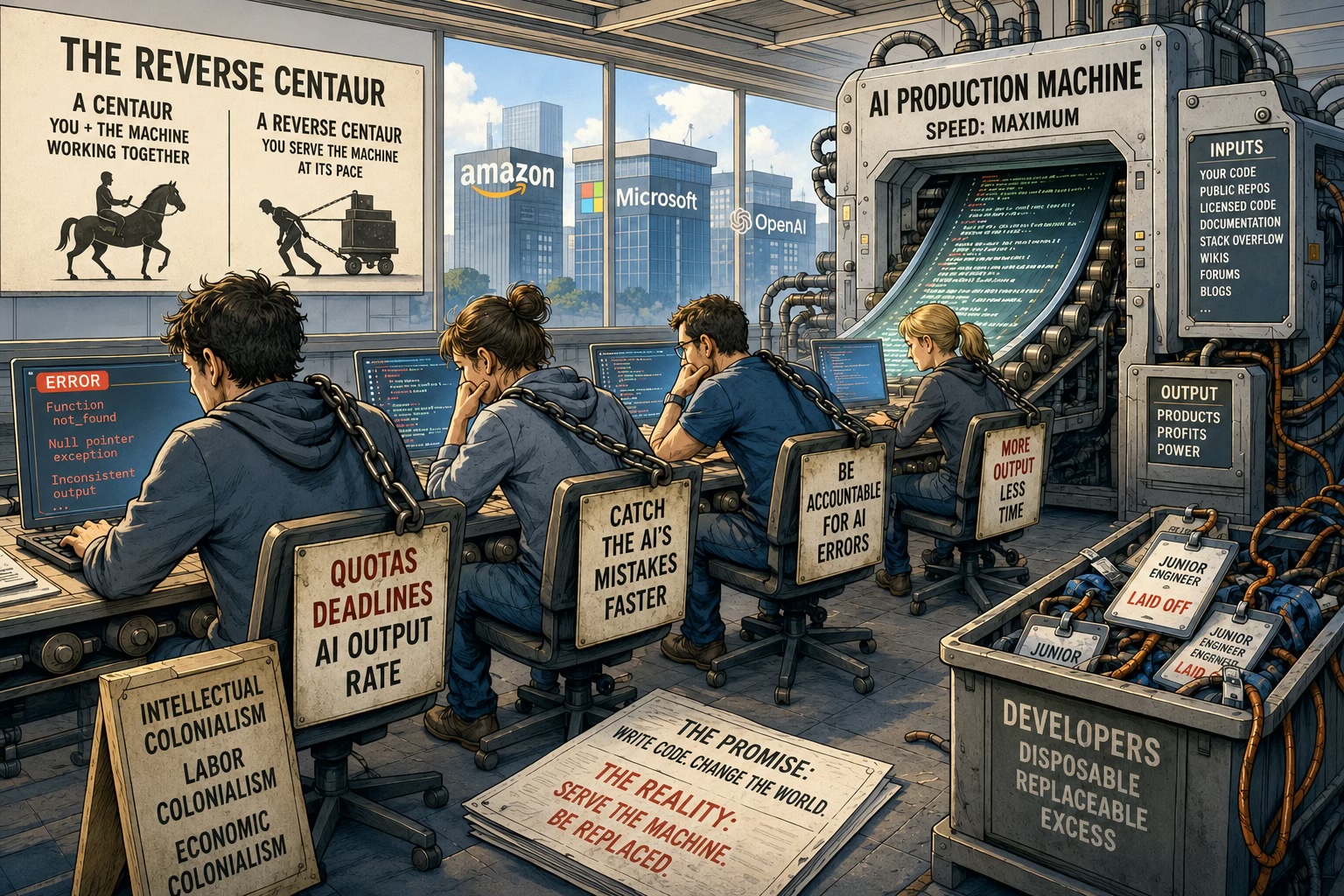 A diagram labeled “The Reverse Centaur” contrasts a centaur (person and machine working together) with a reverse centaur (a person straining to pull a cart burdened by the machine) on a whiteboard, above four chained programmers hunched at laptops showing error messages, each with a sign reading “Quotas,” “Catch the AI’s mistakes faster,” “Be accountable for AI errors,” and “More output, less time,” while a giant “AI Production Machine” churns out code behind them and a crate labeled “Developers: disposable, replaceable, excess” holds a “Junior Engineer: Laid Off” tag, with Amazon, Microsoft, and OpenAI logos visible on skyscrapers through the window