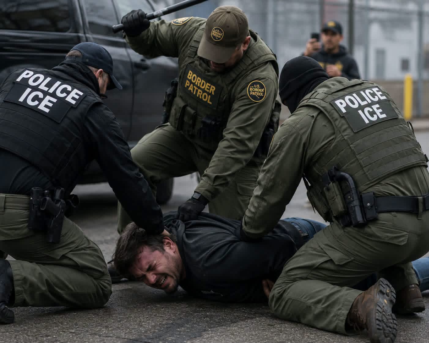 Three masked ICE and Border Patrol officers in tactical gear pin a man face-down on pavement, one raising a baton overhead, beside an unmarked black vehicle