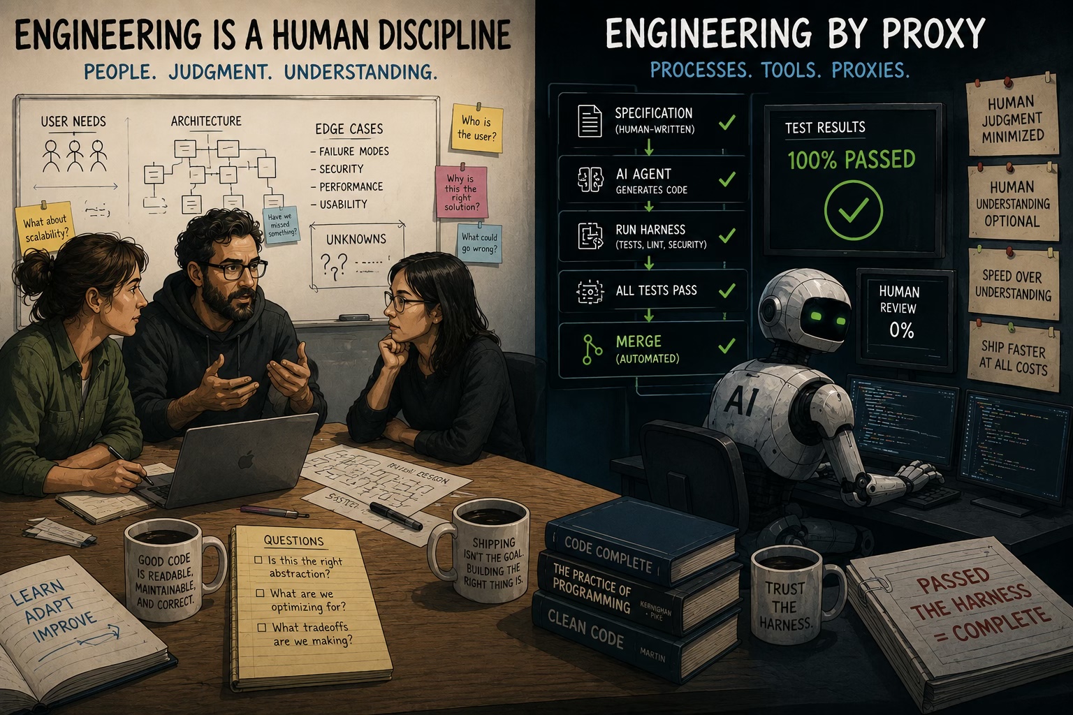 A split illustration: on the left, &ldquo;Engineering Is a Human Discipline,&rdquo; three people at a table discussing user needs, architecture, and unknowns in front of a whiteboard full of open questions; on the right, &ldquo;Engineering by Proxy,&rdquo; a robot at a keyboard following an automated pipeline (specification, AI agent, run harness, all tests pass, merge) beneath a &ldquo;100% PASSED&rdquo; test-results screen and notes reading &ldquo;Human Judgment Minimized,&rdquo; &ldquo;Human Review 0%,&rdquo; and &ldquo;Passed the Harness = Complete.&rdquo;