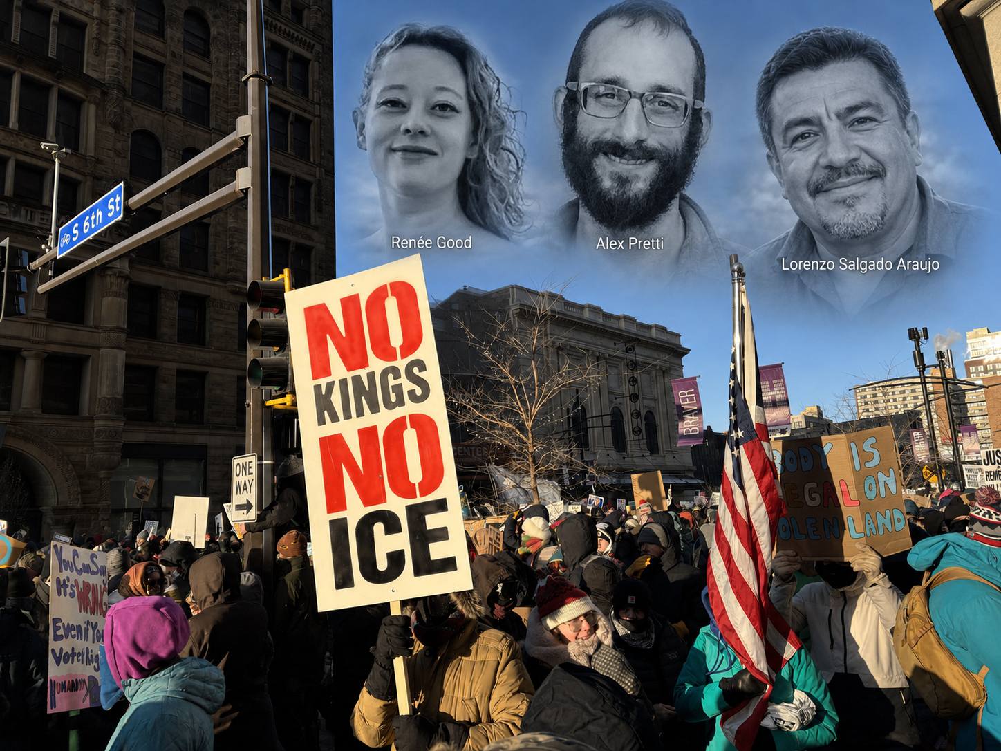 A crowd fills a downtown Minneapolis street on January 23, 2026, with a hand-painted “NO KINGS NO ICE” sign held above the crowd next to an American flag, during protests following Renée Good’s killing by an ICE agent, with portraits of Renée Good, Alex Pretti, and Lorenzo Salgado Araujo composited above the scene. Photo: Myotus, Wikimedia Commons, CC BY 4.0.