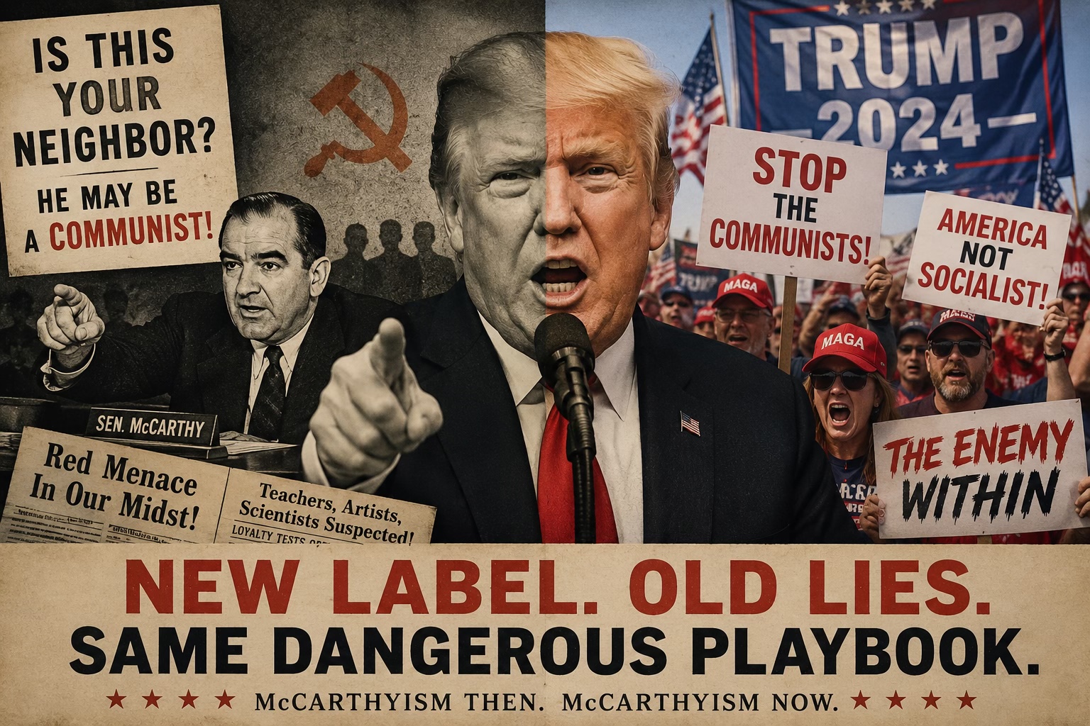 New label, old lies, same dangerous playbook: a half-McCarthy, half-Trump composite image surrounded by 1950s Red Scare newspaper clippings and signs reading &ldquo;The Enemy Within,&rdquo; &ldquo;Stop the Communists,&rdquo; and &ldquo;America Not Socialist&rdquo;