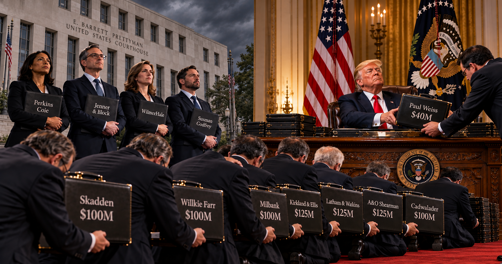 Four lawyers holding briefcases labeled Perkins Coie, Jenner & Block, WilmerHale, and Susman Godfrey stand upright before Washington’s federal courthouse under a stormy sky, while a row of kneeling lawyers offers briefcases labeled with the other firms’ pledges, from Skadden’s $100M to Kirkland & Ellis’s $125M, and a man hands a briefcase reading “Paul Weiss $40M” across the Resolute Desk to President Trump