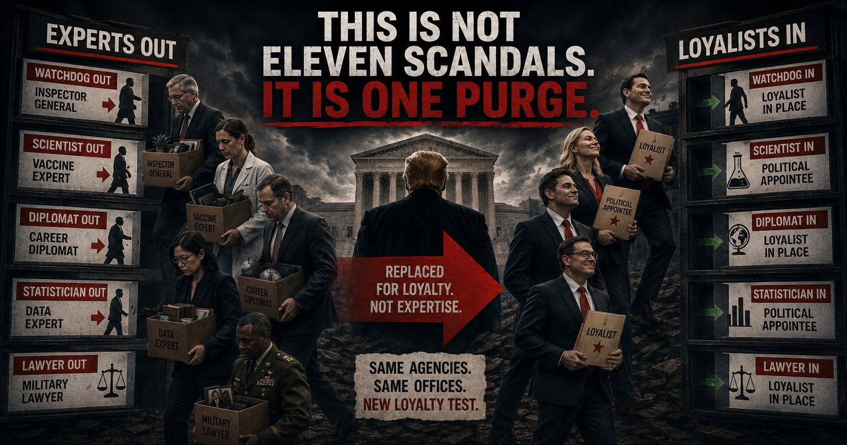 A row of career officials, an inspector general, a vaccine expert, a career diplomat, a data statistician, a military lawyer, walking out of frame carrying boxes labeled with their roles, while a matching row of loyalists and political appointees walks in from the other side carrying boxes labeled “Loyalist,” Trump viewed from behind facing the Supreme Court between them, with the caption “Replaced for loyalty. Not expertise.”