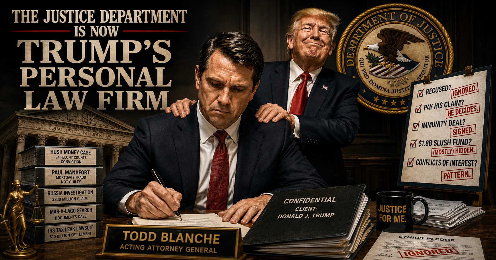 A mock magazine-cover-style illustration titled “The Justice Department Is Now Trump’s Personal Law Firm,” showing Todd Blanche seated at a desk signing a document while Donald Trump stands behind him with both hands on his shoulders, in front of the Department of Justice seal. On the desk: a nameplate reading “Todd Blanche, Acting Attorney General,” a stack of case files labeled “Hush Money Case, 34 Felony Counts Conviction,” “Paul Manafort, Mortgage Fraud, Not Guilty,” “Russia Investigation, $230 Million Claim,” “Mar-a-Lago Search, Documents Case,” and “IRS Tax Leak Lawsuit, $10 Billion Settlement,” a folder labeled “Confidential, Client: Donald J. Trump,” a mug reading “Justice For Me,” and a document stamped “Ethics Pledge: Ignored.” To the right, a checklist reads “Recused? Ignored.” “Pay his claim? He decides.” “Immunity deal? Signed.” “$1.8B slush fund? (Mostly) hidden.” “Conflicts of interest? Pattern.”