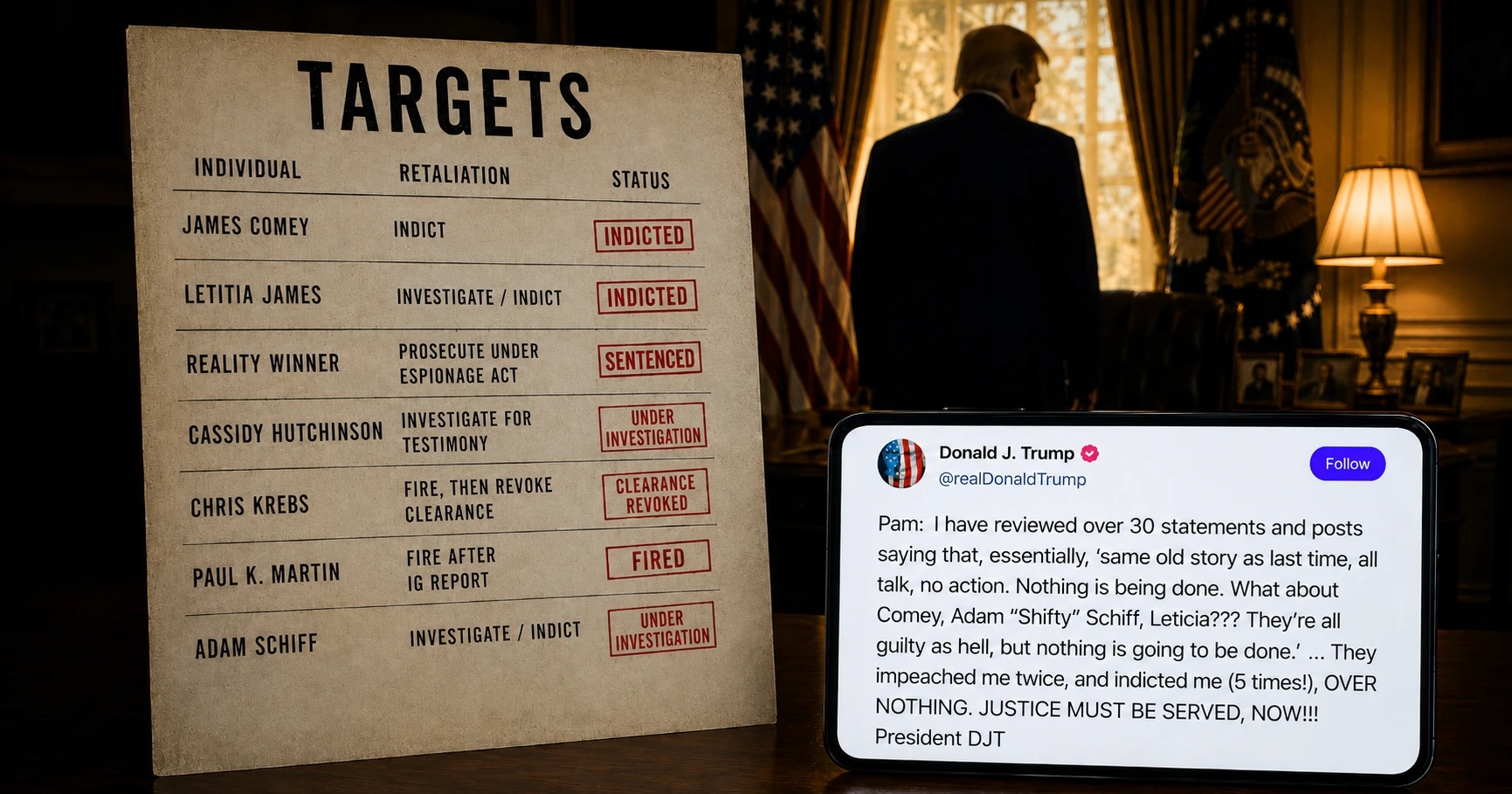 A weathered &ldquo;TARGETS&rdquo; case card listing James Comey, Letitia James, Reality Winner, Cassidy Hutchinson, Chris Krebs, Paul K. Martin, and Adam Schiff alongside their retaliation and status, next to a tablet displaying Trump&rsquo;s real September 2025 Truth Social post pressuring Pam Bondi to prosecute his perceived enemies, with Trump&rsquo;s silhouette visible in the Oval Office behind them