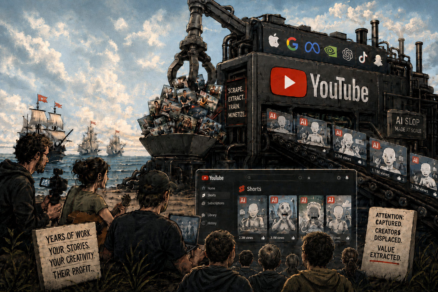 Illustration of a giant industrial machine branded YouTube, with a mechanical claw pulling creator video thumbnails into a funnel above logos of Apple, Google, Meta, Nvidia, OpenAI, TikTok, and Snapchat, while a conveyor belt dispenses mass-produced &ldquo;AI slop&rdquo; video thumbnails; in the foreground, human creators with a camera and guitar stand on a beach beside a sign reading &ldquo;Years of work. Your stories. Your creativity. Their profit,&rdquo; watching pirate ships on the horizon