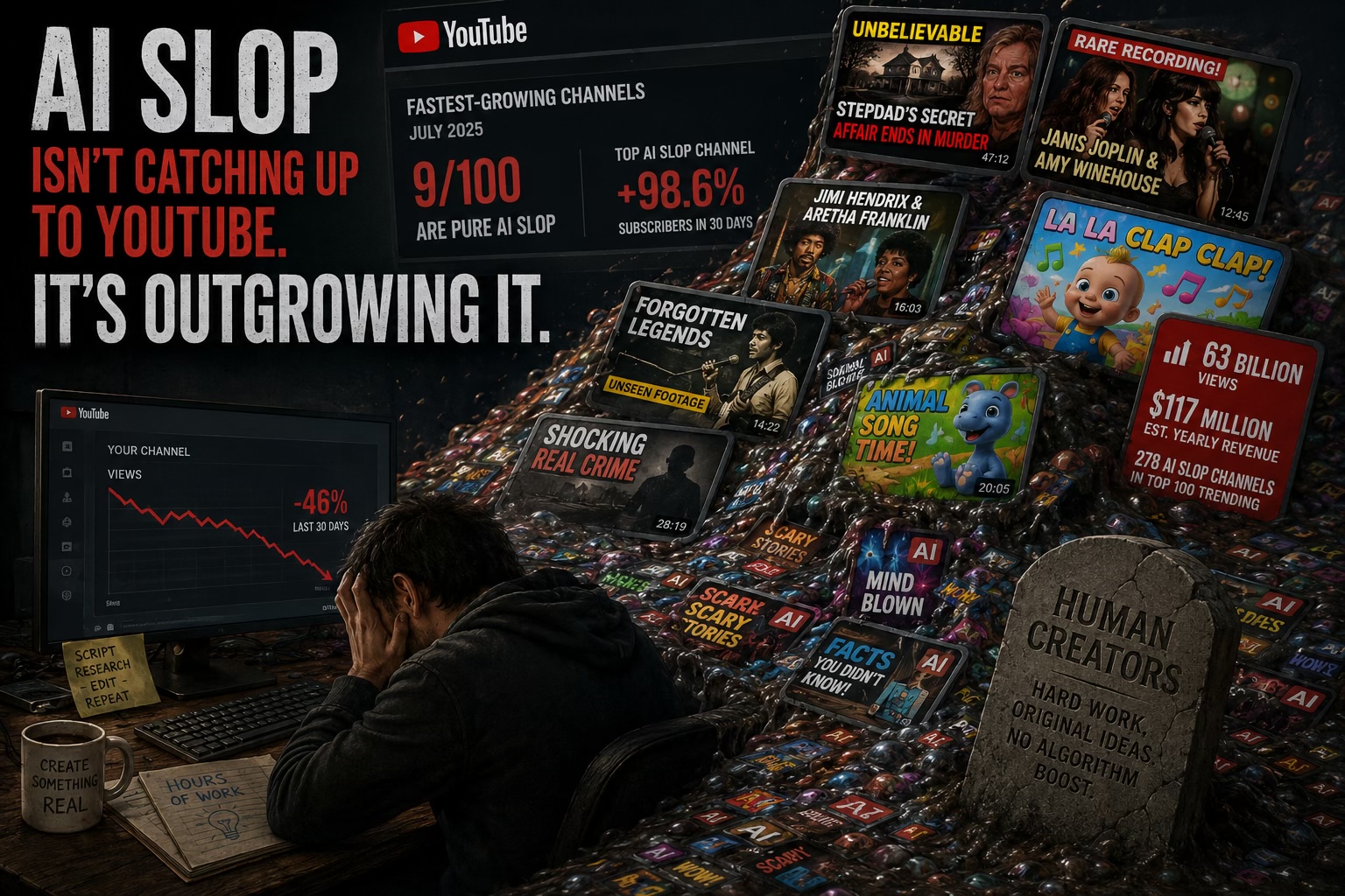 Illustration titled “AI Slop Isn’t Catching Up to YouTube. It’s Outgrowing It,” showing a YouTube analytics graphic reporting 9 of the 100 fastest-growing channels are pure AI slop and one grew subscribers 98.6% in 30 days, beside a pile of AI-slop video thumbnails (a fabricated true-crime “stepdad’s secret affair” story, a fake Janis Joplin and Amy Winehouse duet, a fake Jimi Hendrix and Aretha Franklin duet, a “la la clap clap” kids’ song, and other AI-generated clickbait) engulfing a tombstone reading “Human Creators: Hard Work, Original Ideas, No Algorithm Boost,” while a discouraged human creator sits at a desk watching his own channel’s views drop 46% in 30 days